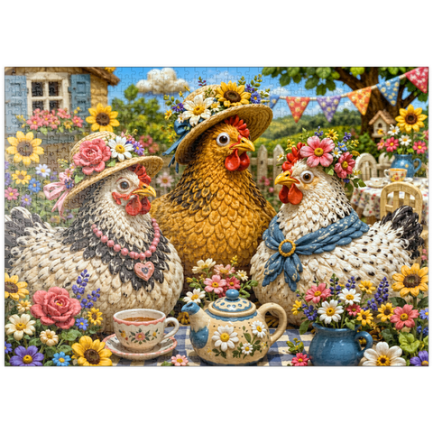 Darstellung des Puzzle Motivs Tee-Party im Knetgarten puzzleplate Clay Garden Hen Tea Party 1000 Puzzle