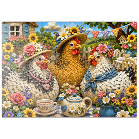 Darstellung des Puzzle Motivs Tee-Party im Knetgarten puzzleplate Clay Garden Hen Tea Party 100 Puzzle