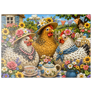 Darstellung des Puzzle Motivs puzzleplate Clay Garden Hen Tea Party 200 Puzzle