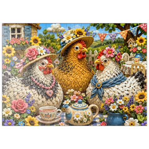 Darstellung des Puzzle Motivs Tee-Party im Knetgarten puzzleplate Clay Garden Hen Tea Party 200 Puzzle
