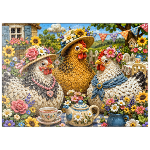 Darstellung des Puzzle Motivs Tee-Party im Knetgarten puzzleplate Clay Garden Hen Tea Party 500 Puzzle