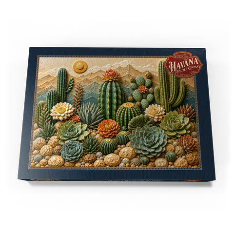Darstellung des Puzzle Motivs Keramik-Kaktusgarten „Blüte“     Ceramic Cactus Garden Bloom 1000 Puzzle Schachtel Ansicht3