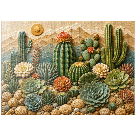 Darstellung des Puzzle Motivs Keramik-Kaktusgarten „Blüte“ puzzleplate     Ceramic Cactus Garden Bloom 1000 Puzzle