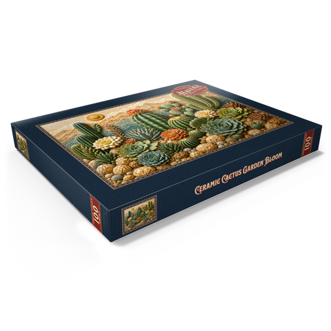 Darstellung des Puzzle Motivs Keramik-Kaktusgarten „Blüte“     Ceramic Cactus Garden Bloom 100 Puzzle Schachtel Ansicht1