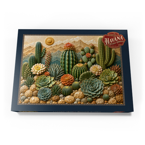 Darstellung des Puzzle Motivs Keramik-Kaktusgarten „Blüte“     Ceramic Cactus Garden Bloom 500 Puzzle Schachtel Ansicht3