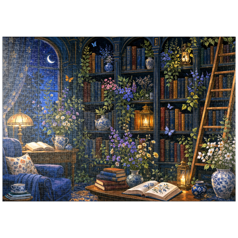 Darstellung des Puzzle Motivs Botanische Mitternachtsbibliothek – Leuchten puzzleplate     Botanical Midnight Library Glow 1000 Puzzle