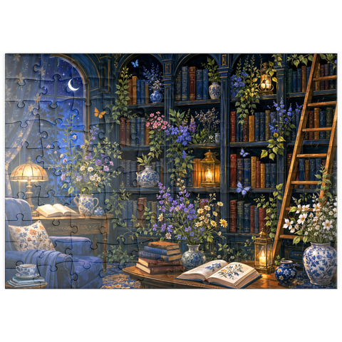Darstellung des Puzzle Motivs Botanische Mitternachtsbibliothek – Leuchten puzzleplate     Botanical Midnight Library Glow 100 Puzzle
