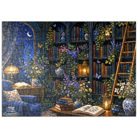 Darstellung des Puzzle Motivs Botanische Mitternachtsbibliothek – Leuchten puzzleplate     Botanical Midnight Library Glow 500 Puzzle
