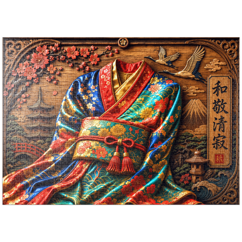 Darstellung des Puzzle Motivs Japanischer Kimono – Eleganz aus Holz puzzleplate     Japanese Kimono Wood Elegance 1000 Puzzle