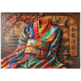 Darstellung des Puzzle Motivs Japanischer Kimono – Eleganz aus Holz - Puzzleteile: 1000