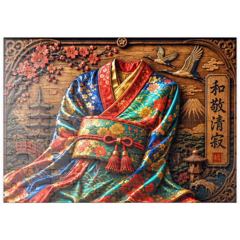 Darstellung des Puzzle Motivs Japanischer Kimono – Eleganz aus Holz puzzleplate     Japanese Kimono Wood Elegance 100 Puzzle