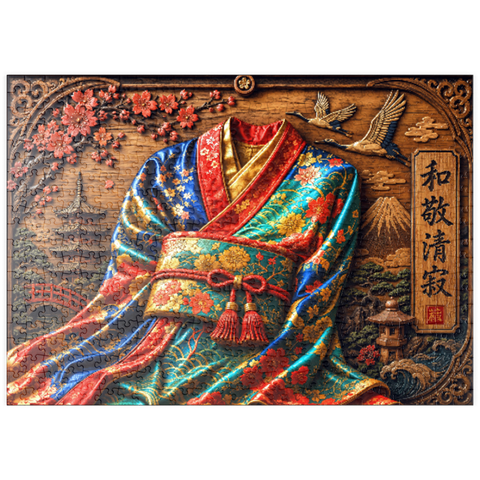 Darstellung des Puzzle Motivs Japanischer Kimono – Eleganz aus Holz puzzleplate     Japanese Kimono Wood Elegance 500 Puzzle