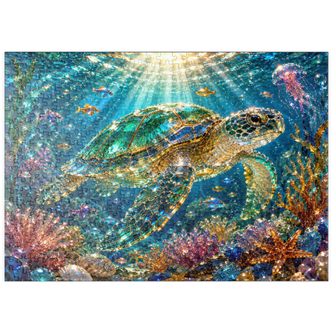 Darstellung des Puzzle Motivs Leuchtendes Glas-Schildkrötenriff puzzleplate Luminous Glass Turtle Reef 500 Puzzle