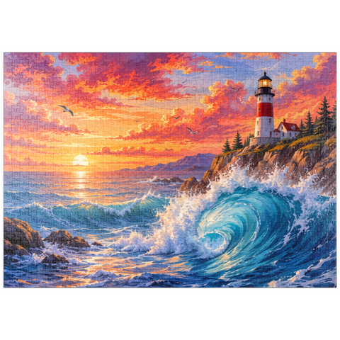 Darstellung des Puzzle Motivs Sonnenuntergang am Leuchtturm von New England puzzleplate New England Lighthouse Sunset 1000 Puzzle