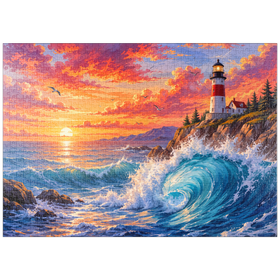 Darstellung des Puzzle Motivs Sonnenuntergang am Leuchtturm von New England - Puzzleteile: 1000