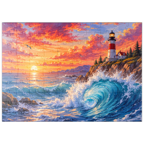Darstellung des Puzzle Motivs Sonnenuntergang am Leuchtturm von New England puzzleplate New England Lighthouse Sunset 100 Puzzle