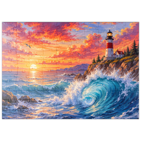 Darstellung des Puzzle Motivs Sonnenuntergang am Leuchtturm von New England - Puzzleteile: 100