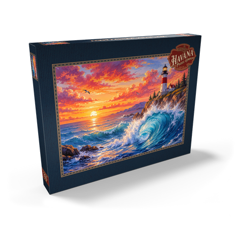 Darstellung des Puzzle Motivs Sonnenuntergang am Leuchtturm von New England New England Lighthouse Sunset 200 Puzzle Schachtel Ansicht2