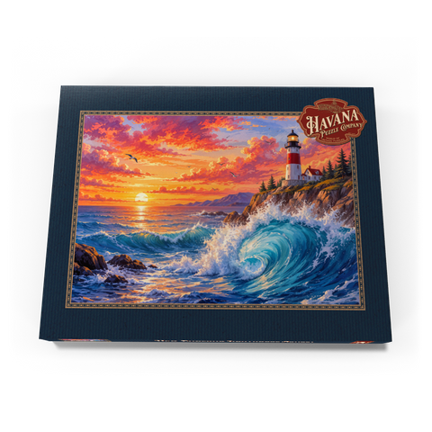 Darstellung des Puzzle Motivs Sonnenuntergang am Leuchtturm von New England New England Lighthouse Sunset 200 Puzzle Schachtel Ansicht3