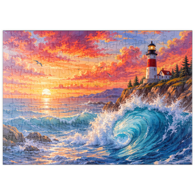 Darstellung des Puzzle Motivs Sonnenuntergang am Leuchtturm von New England - Puzzleteile: 200