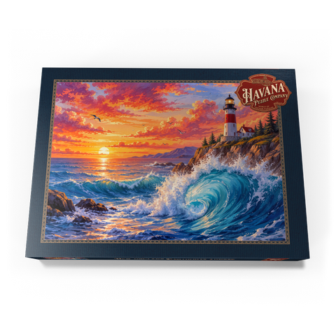 Darstellung des Puzzle Motivs Sonnenuntergang am Leuchtturm von New England New England Lighthouse Sunset 500 Puzzle Schachtel Ansicht3