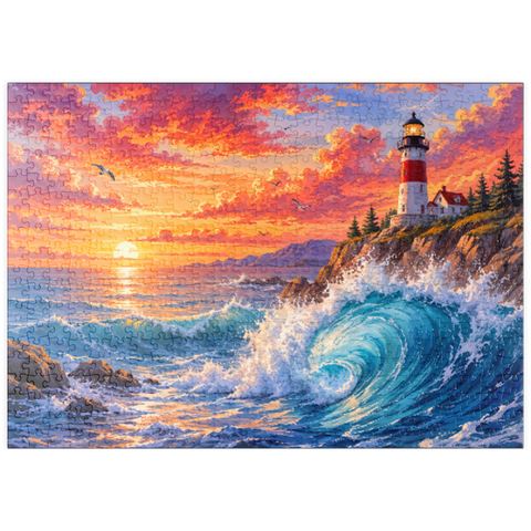 Darstellung des Puzzle Motivs Sonnenuntergang am Leuchtturm von New England puzzleplate New England Lighthouse Sunset 500 Puzzle