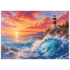 Darstellung des Puzzle Motivs Sonnenuntergang am Leuchtturm von New England - Puzzleteile: 500