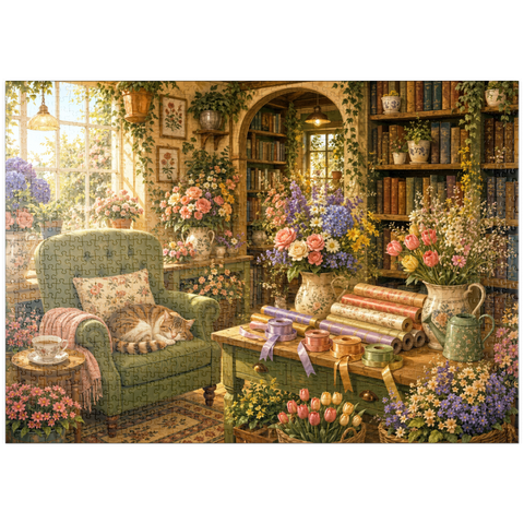 Darstellung des Puzzle Motivs Die Ecke der „Secret Flower“-Buchhandlung puzzleplate Secret Flower Bookshop Corner 1000 Puzzle