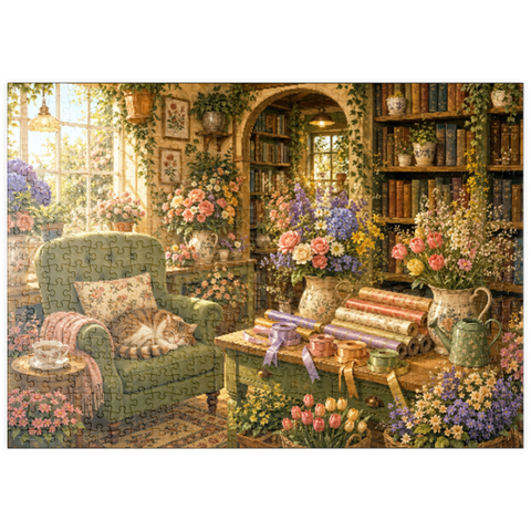 Darstellung des Puzzle Motivs Die Ecke der „Secret Flower“-Buchhandlung puzzleplate Secret Flower Bookshop Corner 500 Puzzle