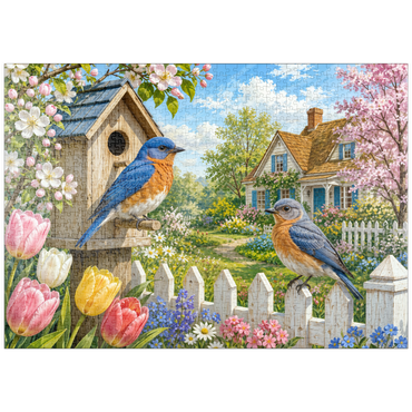 Darstellung des Puzzle Motivs puzzleplate Bluebird Spring Cottage Garden 1000 Puzzle