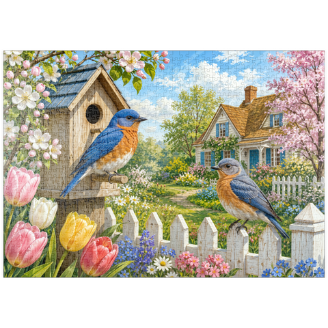 Darstellung des Puzzle Motivs Bluebird – Frühlingsgarten im Landhausstil puzzleplate Bluebird Spring Cottage Garden 1000 Puzzle