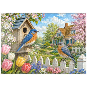 Darstellung des Puzzle Motivs Bluebird – Frühlingsgarten im Landhausstil - Puzzleteile: 1000