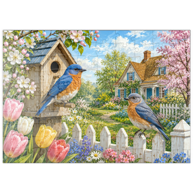 Darstellung des Puzzle Motivs Bluebird – Frühlingsgarten im Landhausstil - Puzzleteile: 100