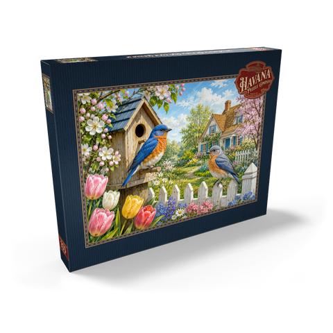 Darstellung des Puzzle Motivs Bluebird – Frühlingsgarten im Landhausstil Bluebird Spring Cottage Garden 200 Puzzle Schachtel Ansicht2