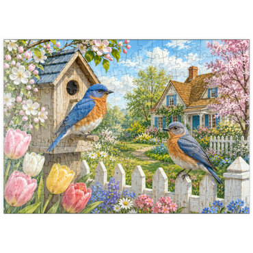 Darstellung des Puzzle Motivs puzzleplate Bluebird Spring Cottage Garden 200 Puzzle