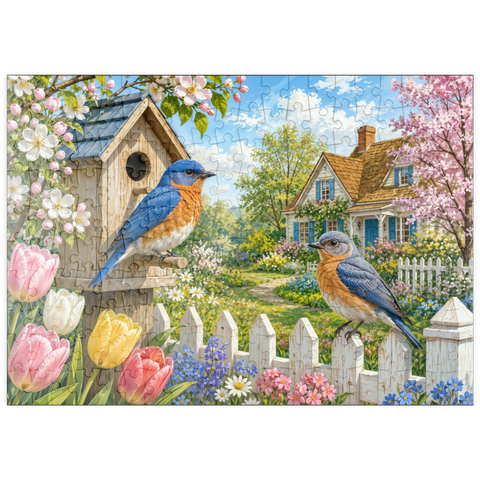 Darstellung des Puzzle Motivs Bluebird – Frühlingsgarten im Landhausstil puzzleplate Bluebird Spring Cottage Garden 200 Puzzle