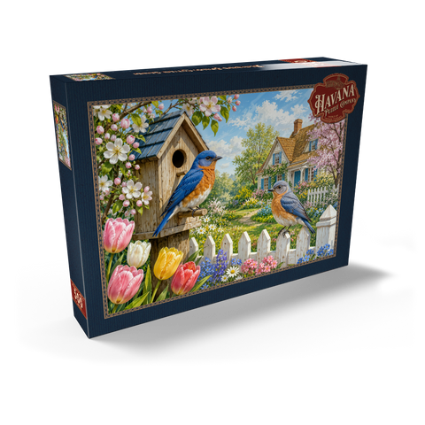 Darstellung des Puzzle Motivs Bluebird – Frühlingsgarten im Landhausstil Bluebird Spring Cottage Garden 500 Puzzle Schachtel Ansicht2