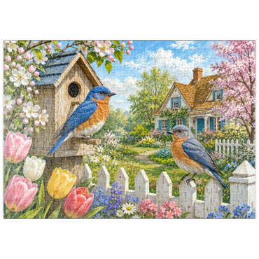 Darstellung des Puzzle Motivs puzzleplate Bluebird Spring Cottage Garden 500 Puzzle