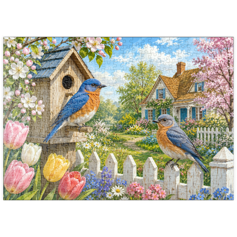 Darstellung des Puzzle Motivs Bluebird – Frühlingsgarten im Landhausstil puzzleplate Bluebird Spring Cottage Garden 500 Puzzle