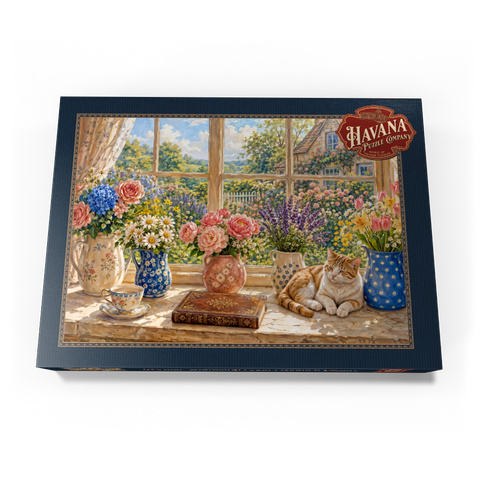 Darstellung des Puzzle Motivs Gartenanhänger „Fensterblumenstrauß im Landhausstil“ Cottage Window Bouquet Garden Charm 1000 Puzzle Schachtel Ansicht3