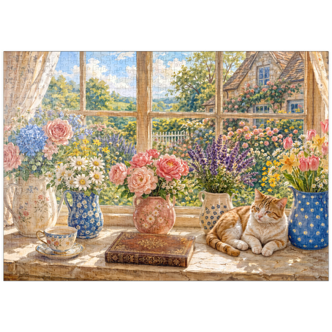 Darstellung des Puzzle Motivs Gartenanhänger „Fensterblumenstrauß im Landhausstil“ puzzleplate Cottage Window Bouquet Garden Charm 1000 Puzzle