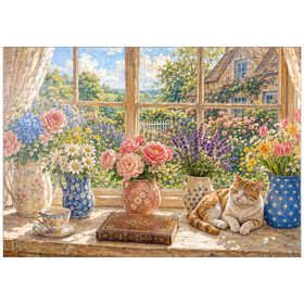 Darstellung des Puzzle Motivs Gartenanhänger „Fensterblumenstrauß im Landhausstil“ - Puzzleteile: 1000