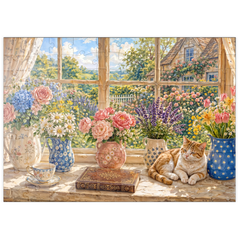 Darstellung des Puzzle Motivs Gartenanhänger „Fensterblumenstrauß im Landhausstil“ puzzleplate Cottage Window Bouquet Garden Charm 100 Puzzle