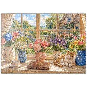 Darstellung des Puzzle Motivs Gartenanhänger „Fensterblumenstrauß im Landhausstil“ - Puzzleteile: 100