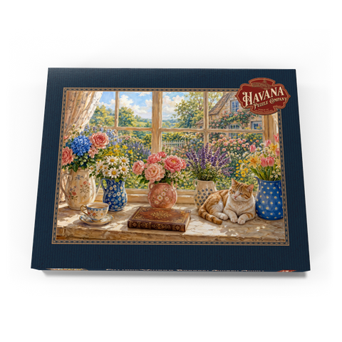 Darstellung des Puzzle Motivs Gartenanhänger „Fensterblumenstrauß im Landhausstil“ Cottage Window Bouquet Garden Charm 200 Puzzle Schachtel Ansicht3