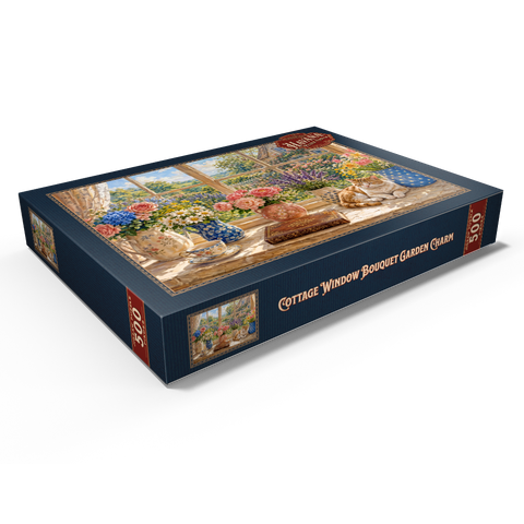 Darstellung des Puzzle Motivs Gartenanhänger „Fensterblumenstrauß im Landhausstil“ Cottage Window Bouquet Garden Charm 500 Puzzle Schachtel Ansicht1