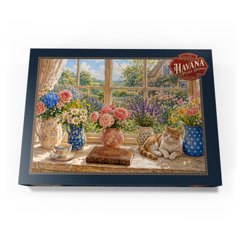 Darstellung des Puzzle Motivs Gartenanhänger „Fensterblumenstrauß im Landhausstil“ Cottage Window Bouquet Garden Charm 500 Puzzle Schachtel Ansicht3