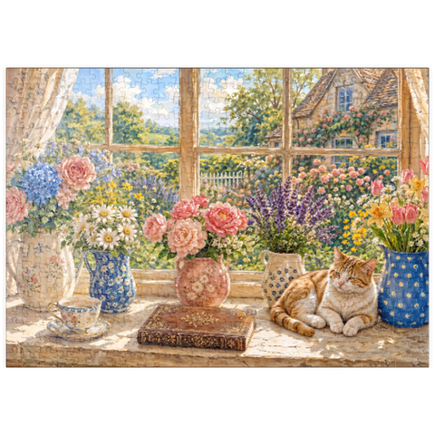Darstellung des Puzzle Motivs Gartenanhänger „Fensterblumenstrauß im Landhausstil“ puzzleplate Cottage Window Bouquet Garden Charm 500 Puzzle