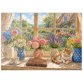 Darstellung des Puzzle Motivs Gartenanhänger „Fensterblumenstrauß im Landhausstil“ - Puzzleteile: 500