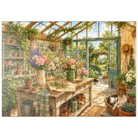 Darstellung des Puzzle Motivs Sonnenverwöhntes Gewächshaus-Gartenstudio puzzleplate Sunlit Greenhouse Garden Studio 100 Puzzle